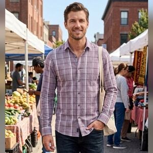 Marc Anthony Men’s Burgundy Plaid Stretch Slim Fit Shirt – Size Medium